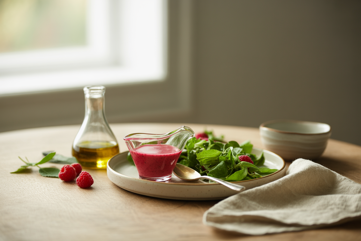 Raspberry vinaigrette in a glass cruet with a green salad and raspberries