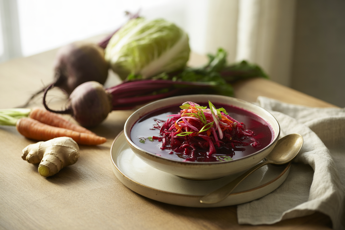 Raw borscht with shredded beet, carrot and cabbage