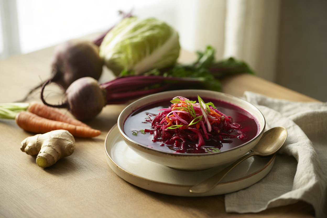 Raw borscht with shredded beet, carrot and cabbage