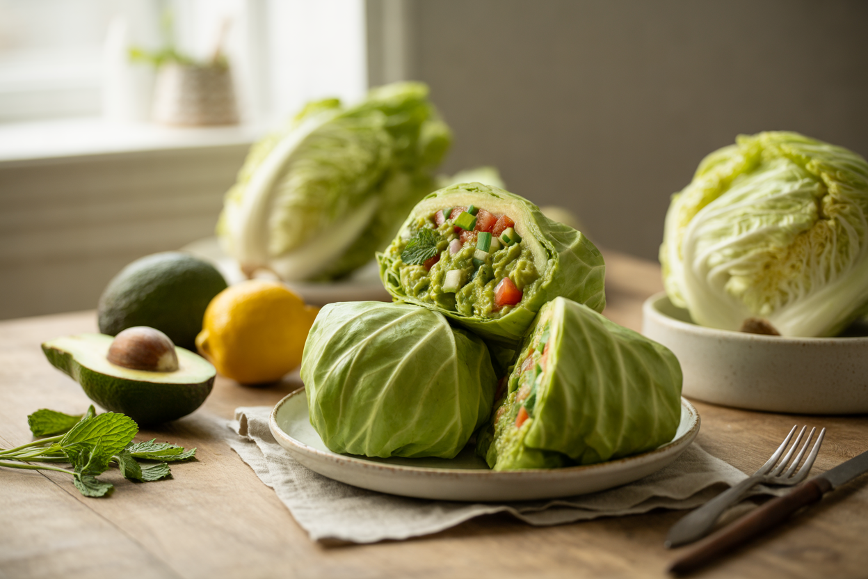 Raw cabbage leaf burritos with guacamole
