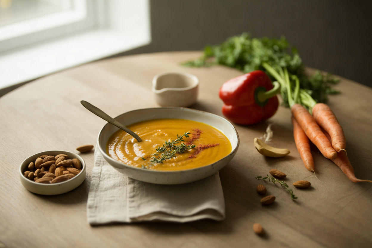 Raw carrot almond soup with red pepper and paprika