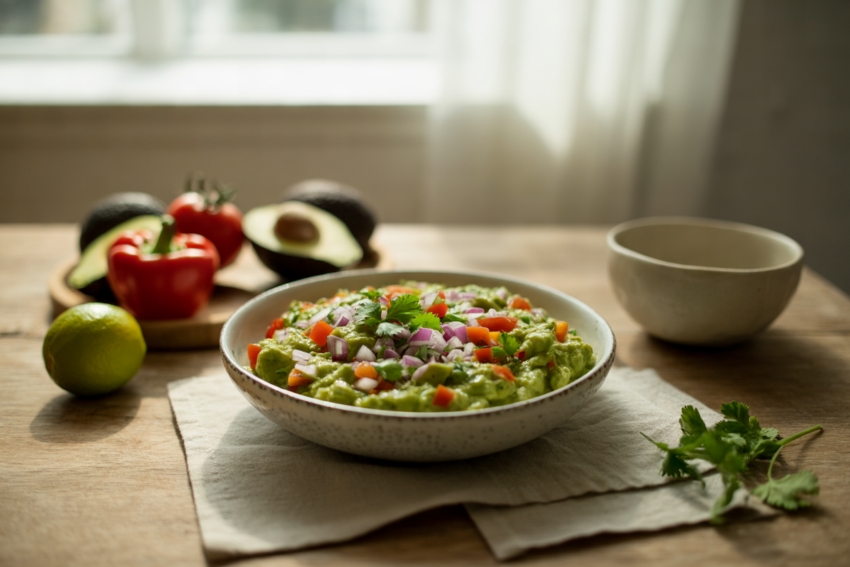 Raw guacamole dip with tomato and red pepper