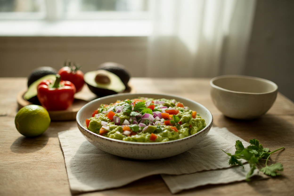 Raw guacamole dip with tomato and red pepper