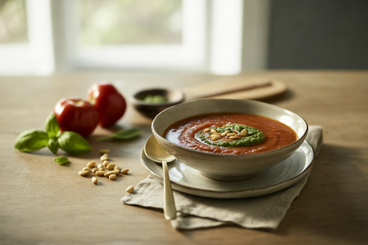 Raw tomato soup with basil pesto