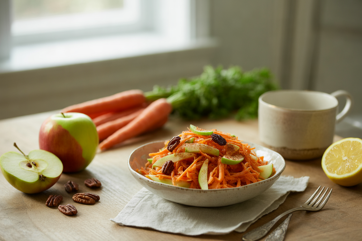 Sunshine salad with shredded carrot, apple, raisins and pecans