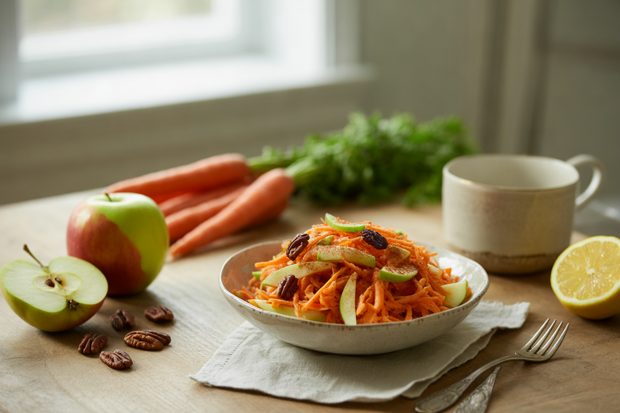 Sunshine salad with shredded carrot, apple, raisins and pecans