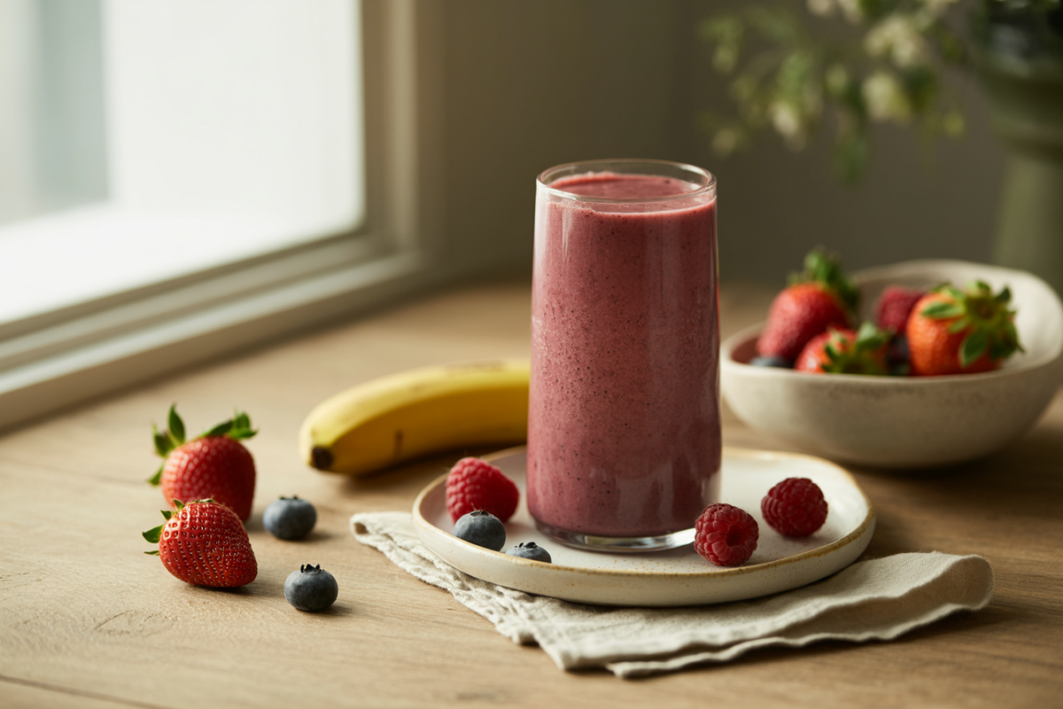 Very berry smoothie with strawberries, raspberries, blueberries and banana