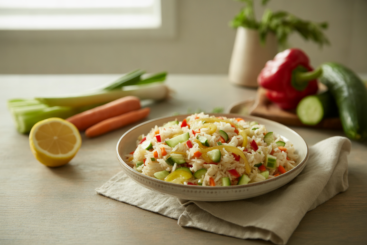 Basmati rice with diced raw vegetables, olive oil and lemon