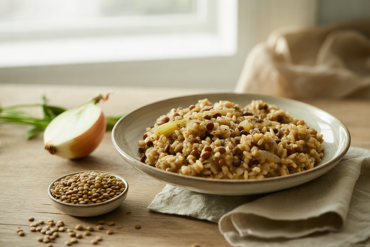 Brown rice and lentil casserole with onion