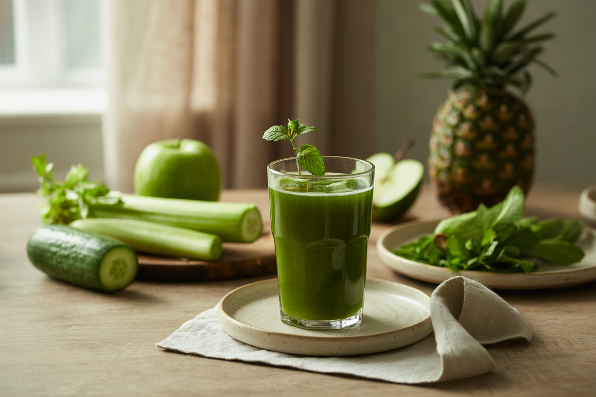 Lean green juice with cucumber, celery, pineapple and mint