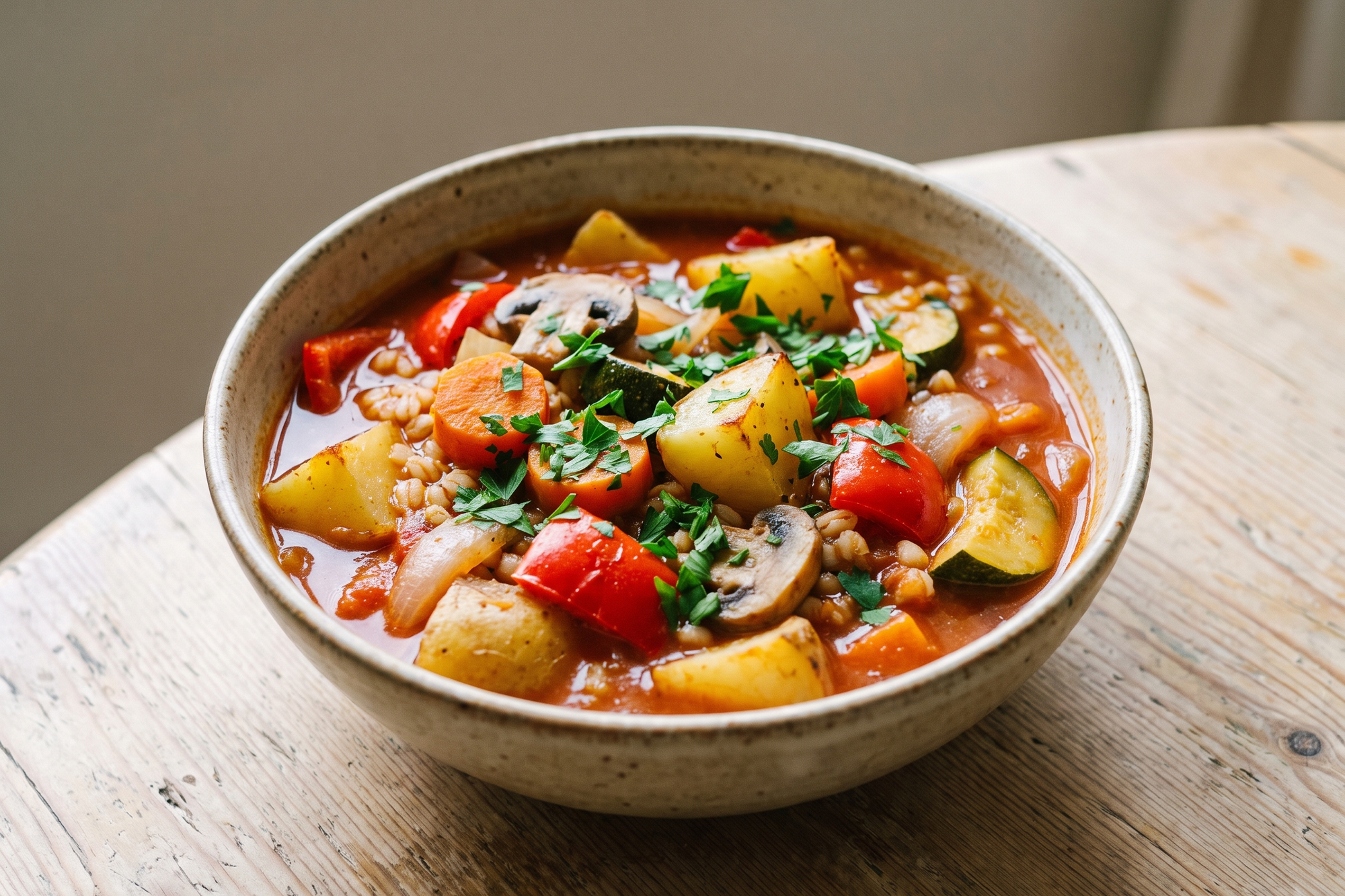 Roasted vegetable stew with potatoes, mushrooms, zucchini and peppers