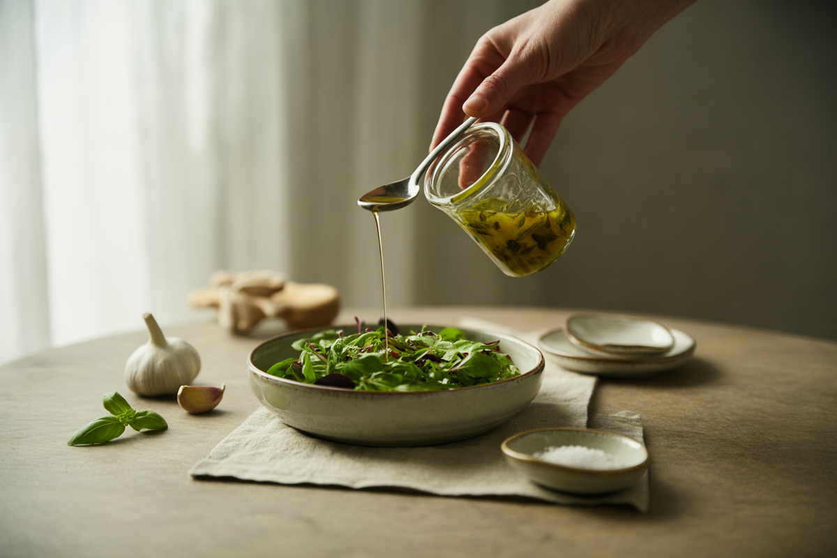Garlic basil olive oil dressing drizzled over salad greens