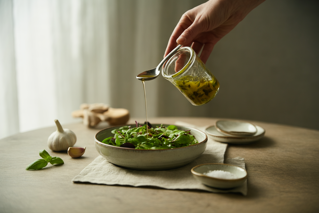 Garlic basil olive oil dressing drizzled over salad greens