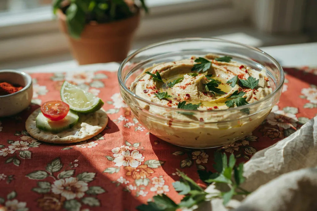 Vegetable Hummus - a bowl of pale yellow hummus dusted with paprika