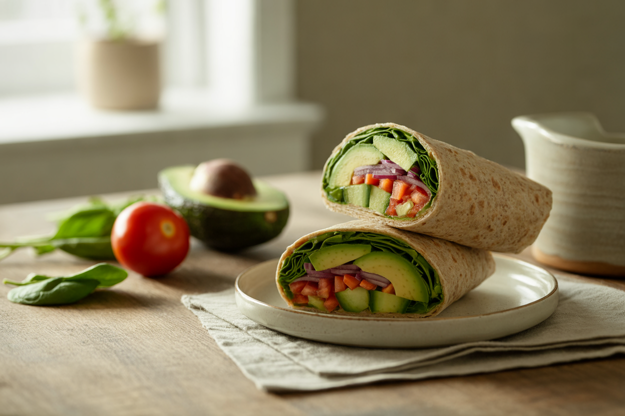 Salad wrap with avocado, spinach, tomato and cucumber