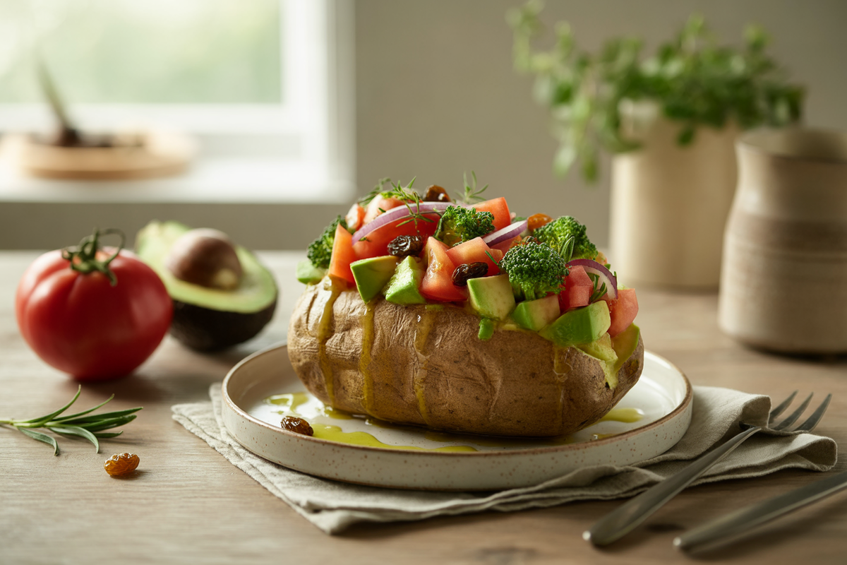 Baked potato topped with a fresh raw vegetable salad and avocado