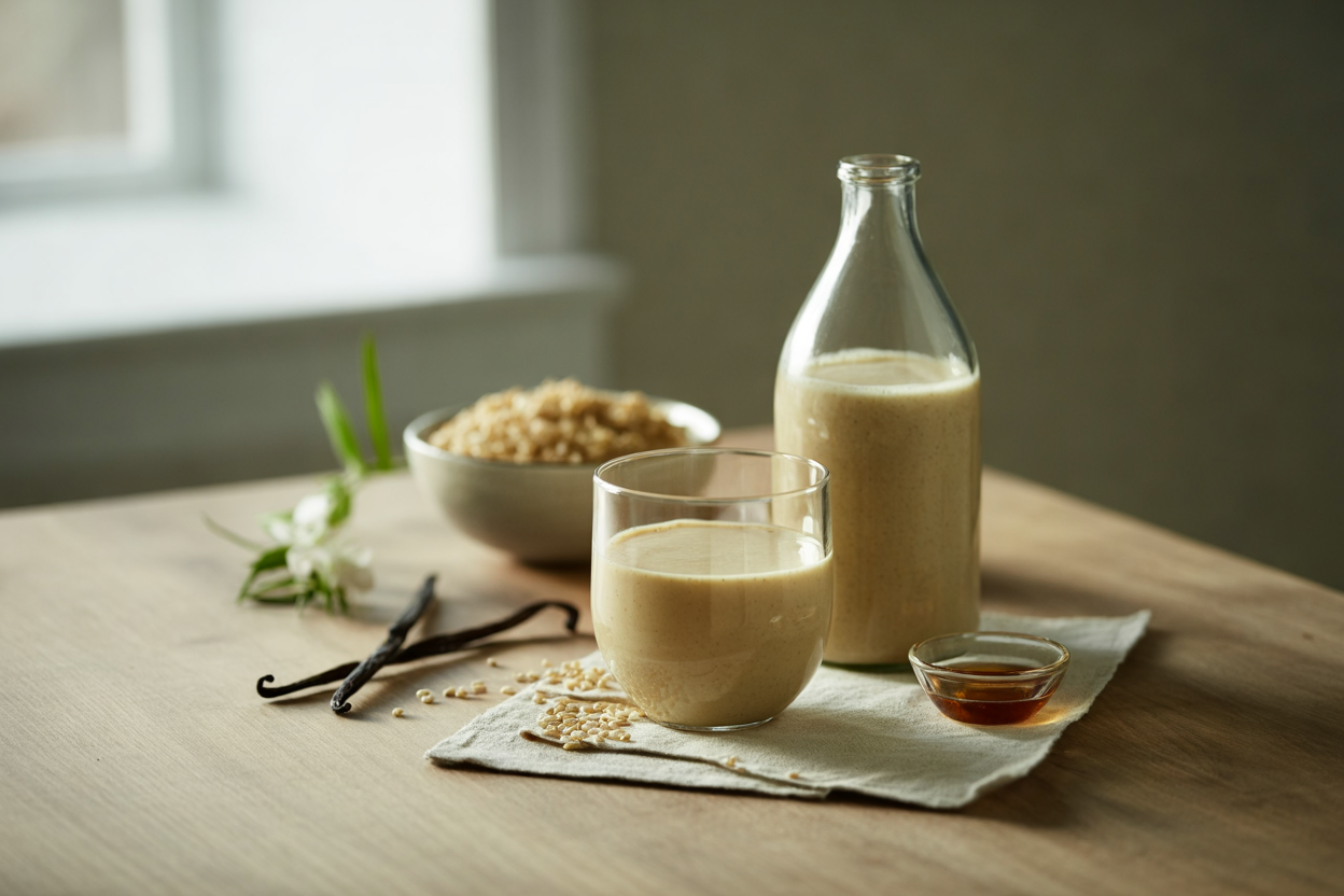 Homemade brown rice milk with vanilla and honey
