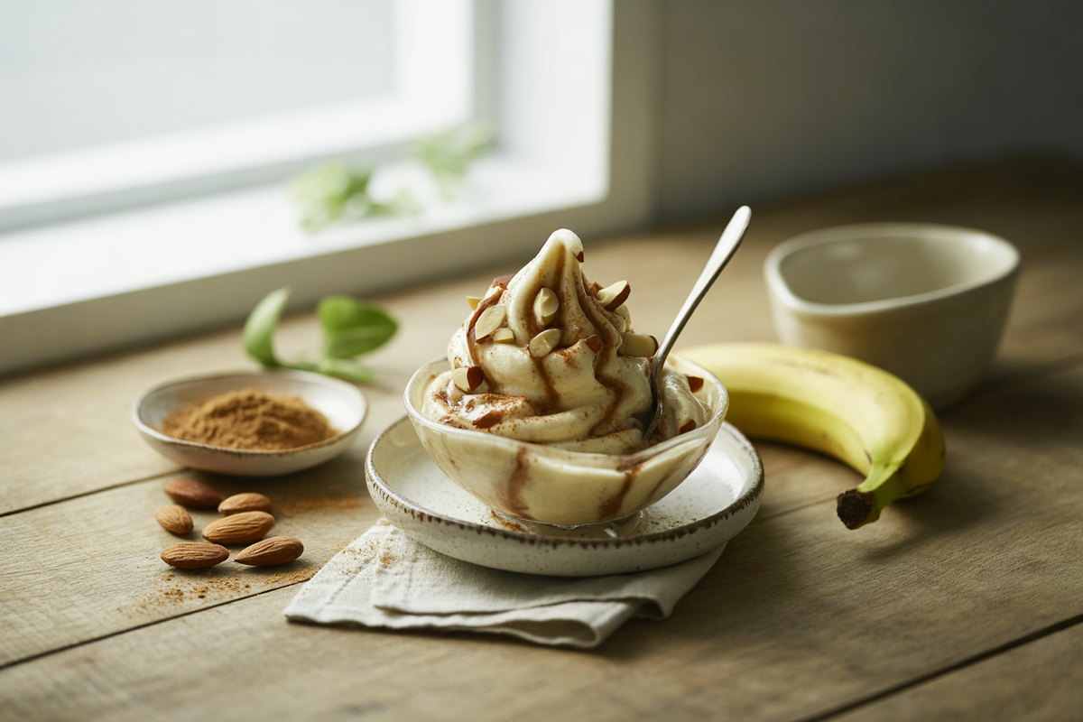Banana carob ice cream with chopped almonds