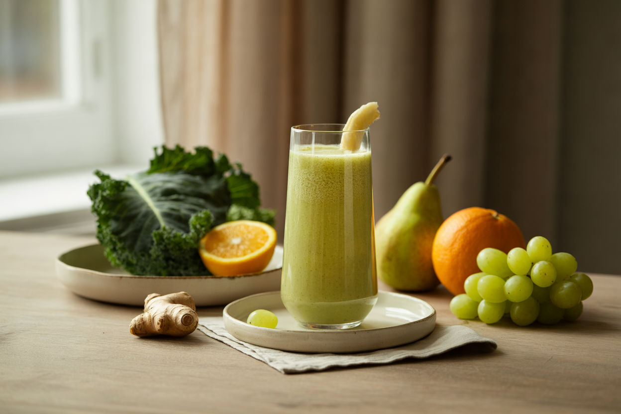 Pale green smoothie with kale, orange, banana, grapes and pear