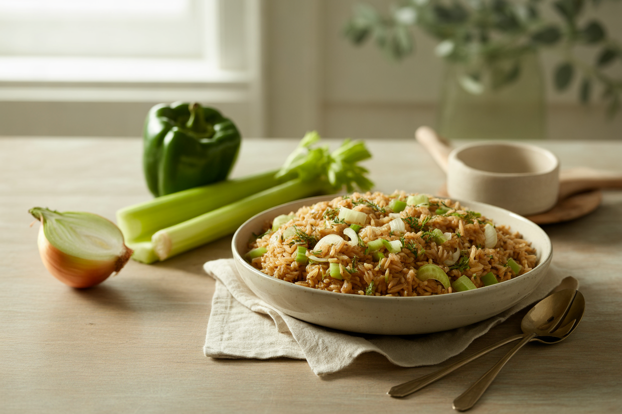 Seasoned brown basmati rice with onion, celery and green pepper