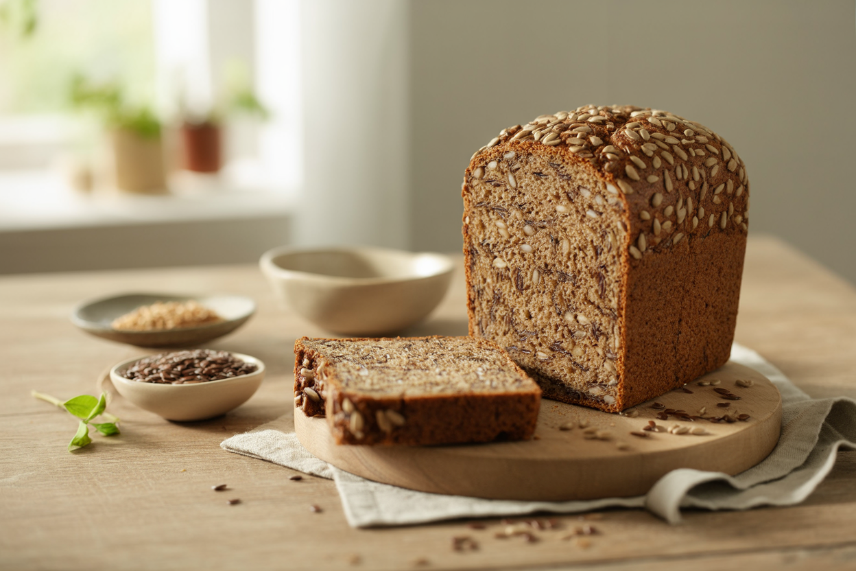 Loaf of whole wheat seed bread with sunflower, sesame and flax seeds