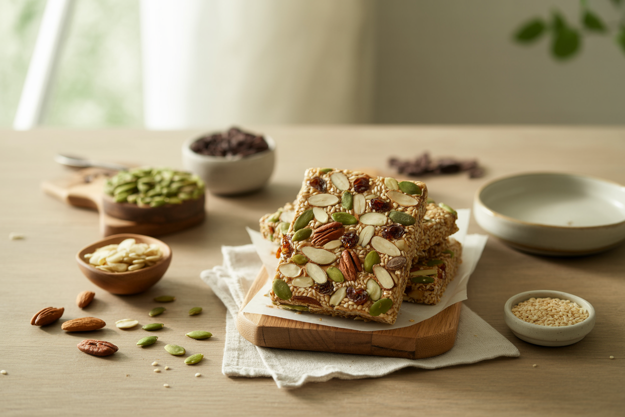 Sesame bars with sunflower seeds, almonds, pecans, currants and carob chips