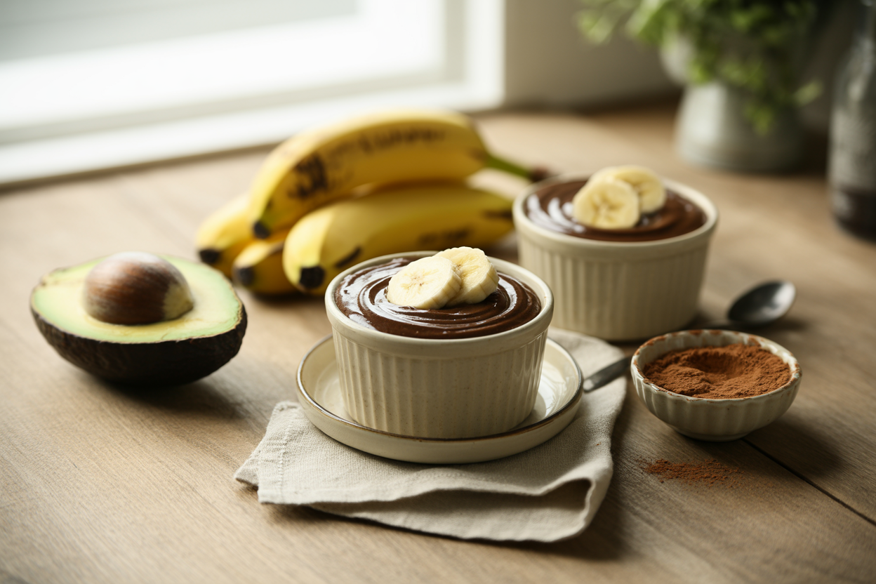 Raw carob chocolate pudding made with banana and avocado, topped with banana slices