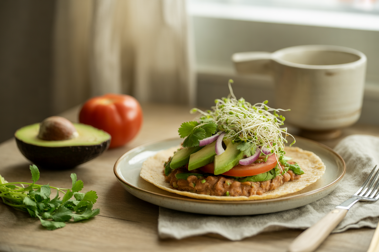 Mexican corn tortilla with refried beans, avocado, tomato and sprouts