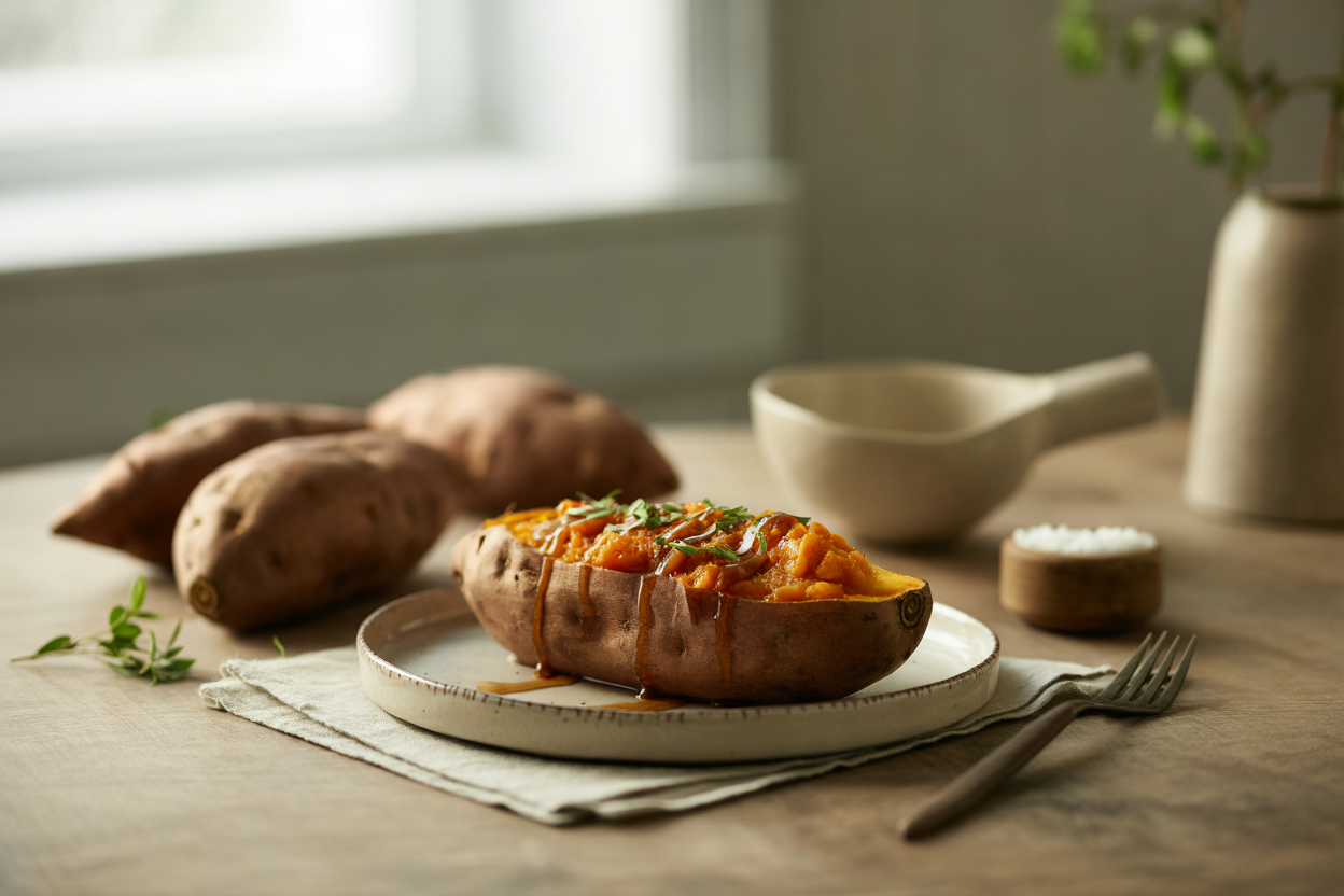 Simple baked sweet potato with maple drizzle