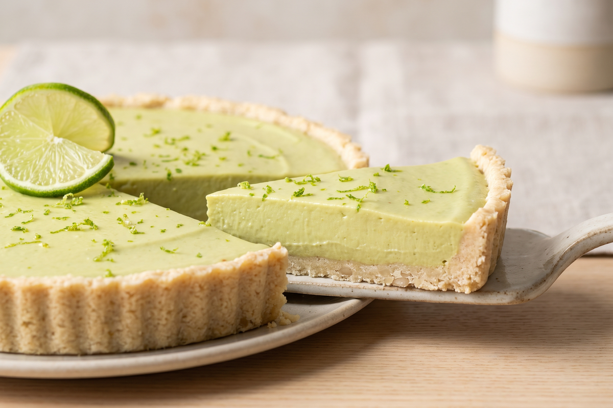 Simple key lime pie with a slice cut, garnished with lime zest and a lime wedge