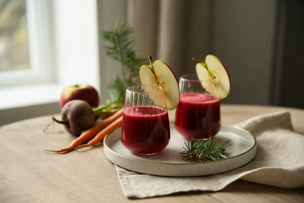 Holiday mocktail juice made with apple, beet and carrot