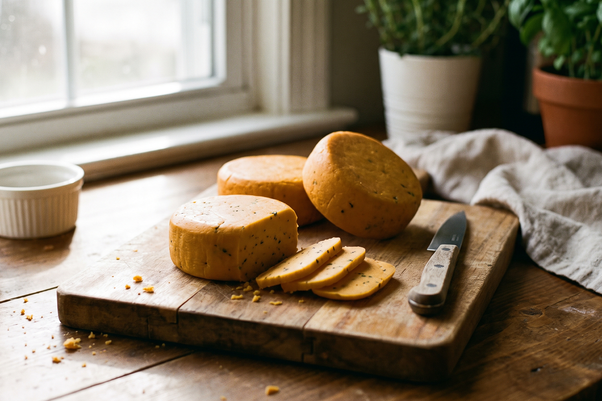 Rounds of firm plant-based cheddar on a wooden board, one sliced and fanned