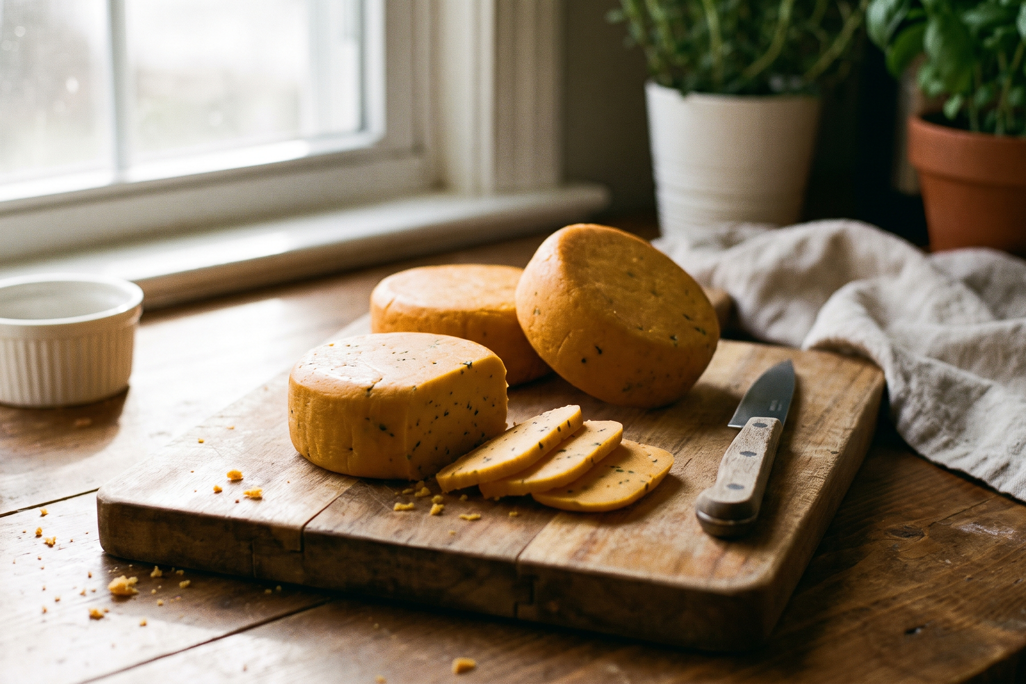 Rounds of firm plant-based cheddar on a wooden board, one sliced and fanned