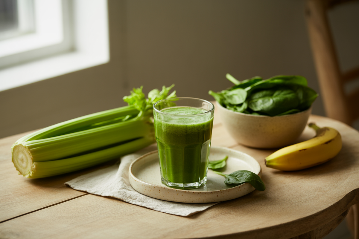 Green smoothie with celery, spinach, banana and BarleyMax