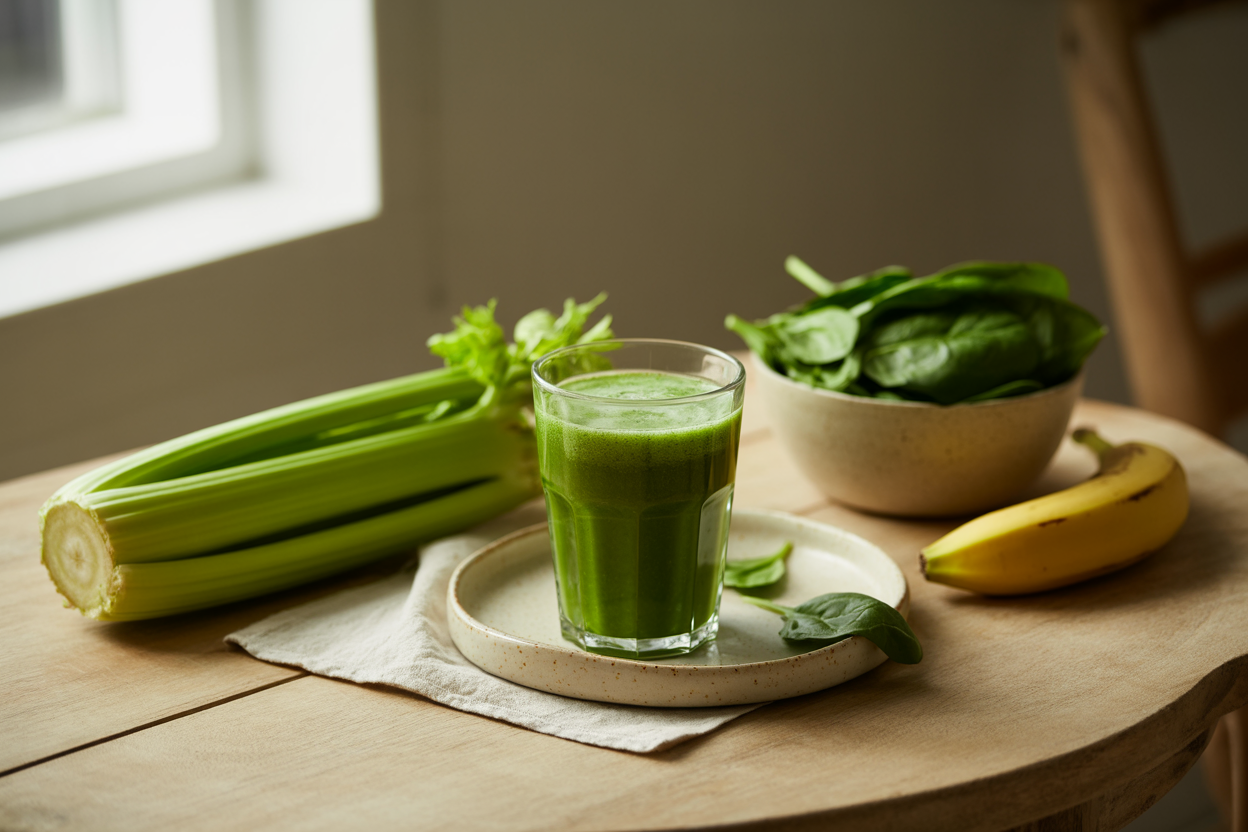Green smoothie with celery, spinach, banana and BarleyMax