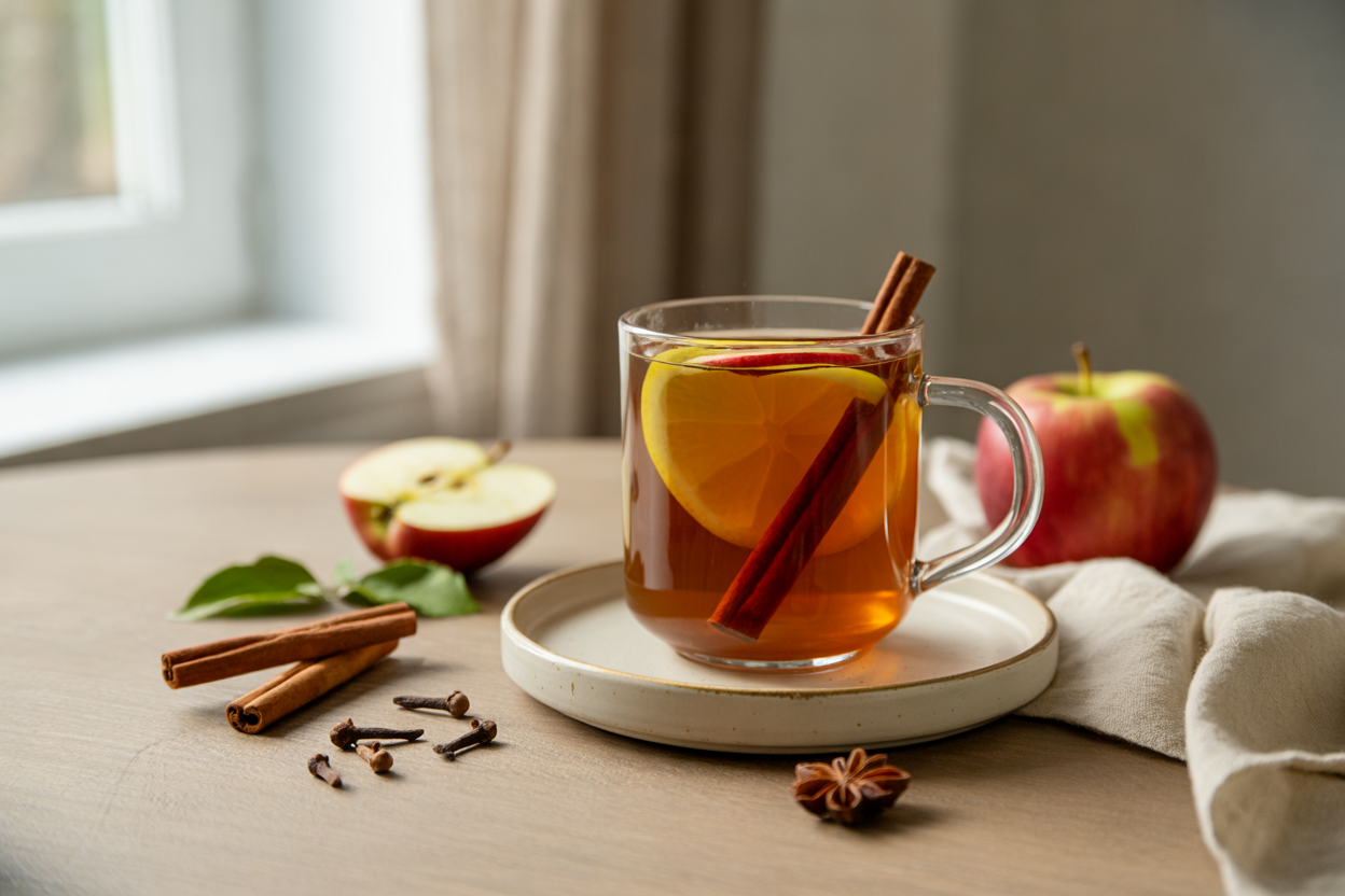 Spiced holiday apple cider with cinnamon, cloves and apple rings