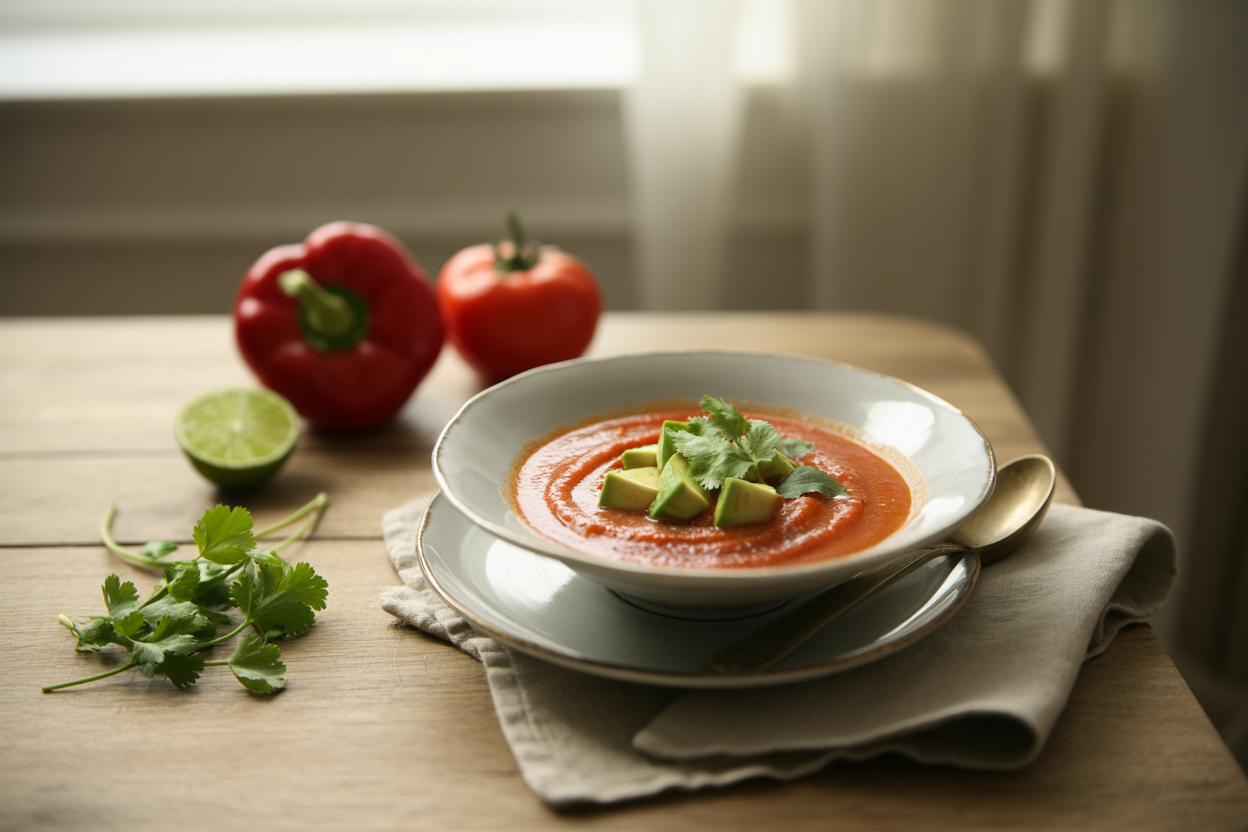 Bowl of spicy red pepper soup topped with diced avocado and cilantro