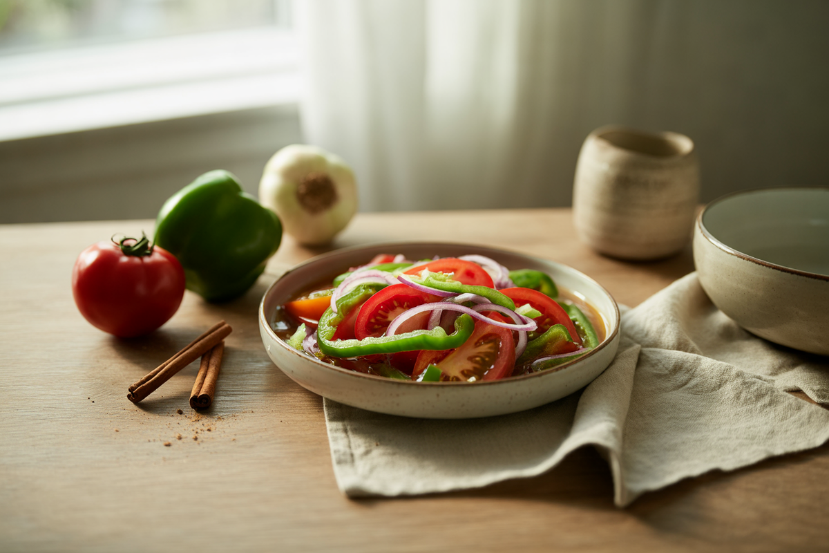 Spicy tomato salad with green pepper and sweet onion