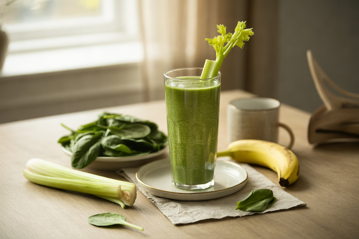 Spinach banana green smoothie with celery