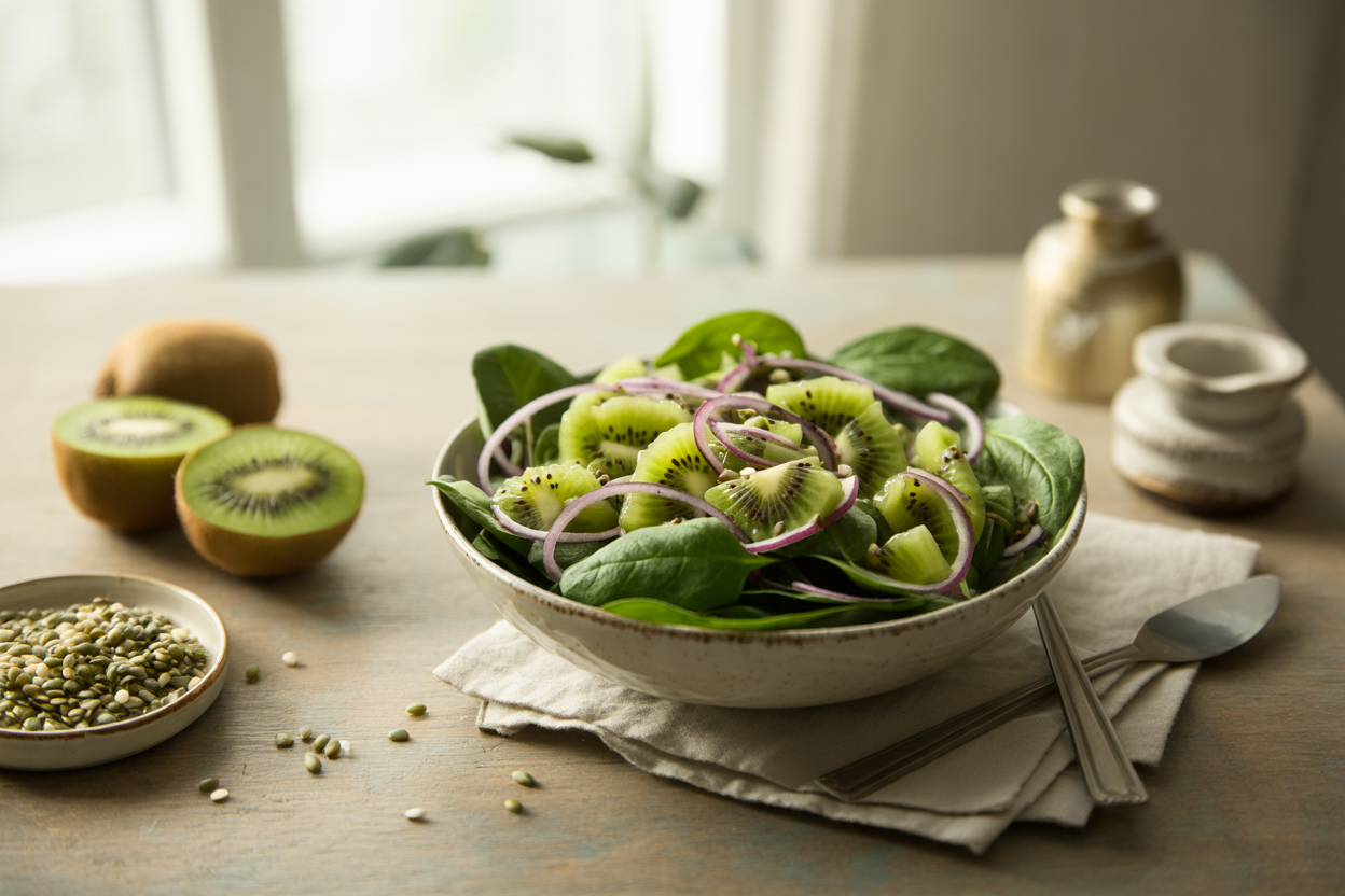 Spinach kiwi salad with purple onion and hemp seeds