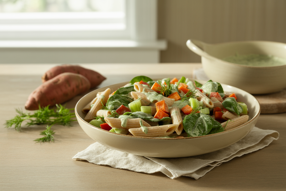 Spinach pasta salad with sweet potato, red pepper and vegan ranch dressing