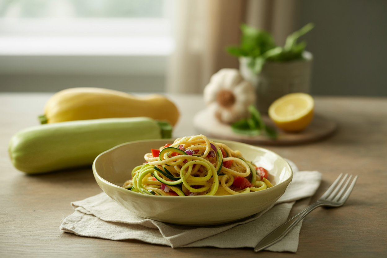 Spiral-cut yellow squash and zucchini noodles with red pepper and tomato