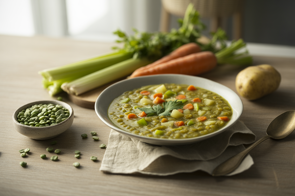 Bowl of split pea soup with carrot, celery and potato