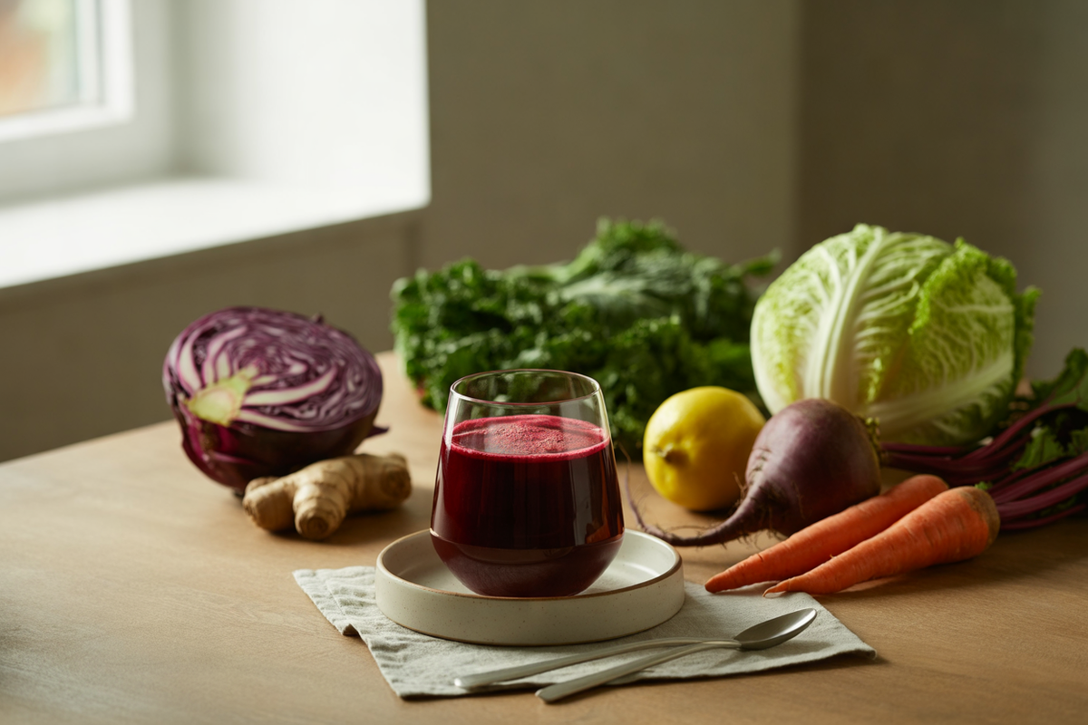 Spring cleanse juice with beet, red cabbage, carrot, kale and ginger