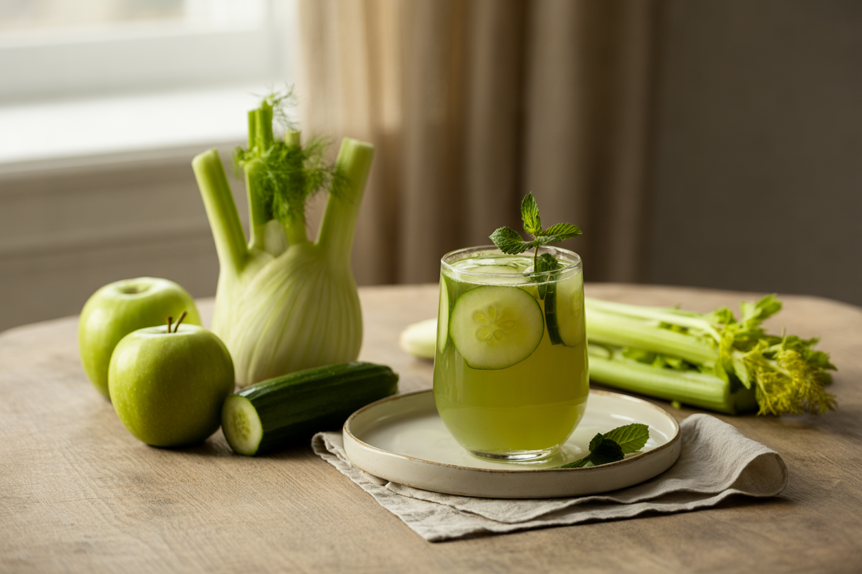 Spring green juice with fennel, green apple, cucumber and celery