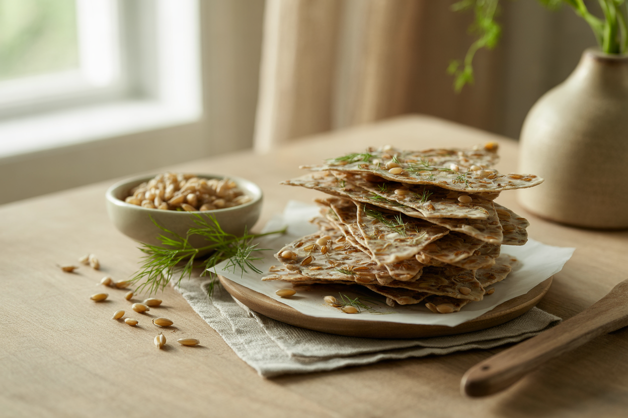 Sprouted wheat and rye crisps with caraway and dill