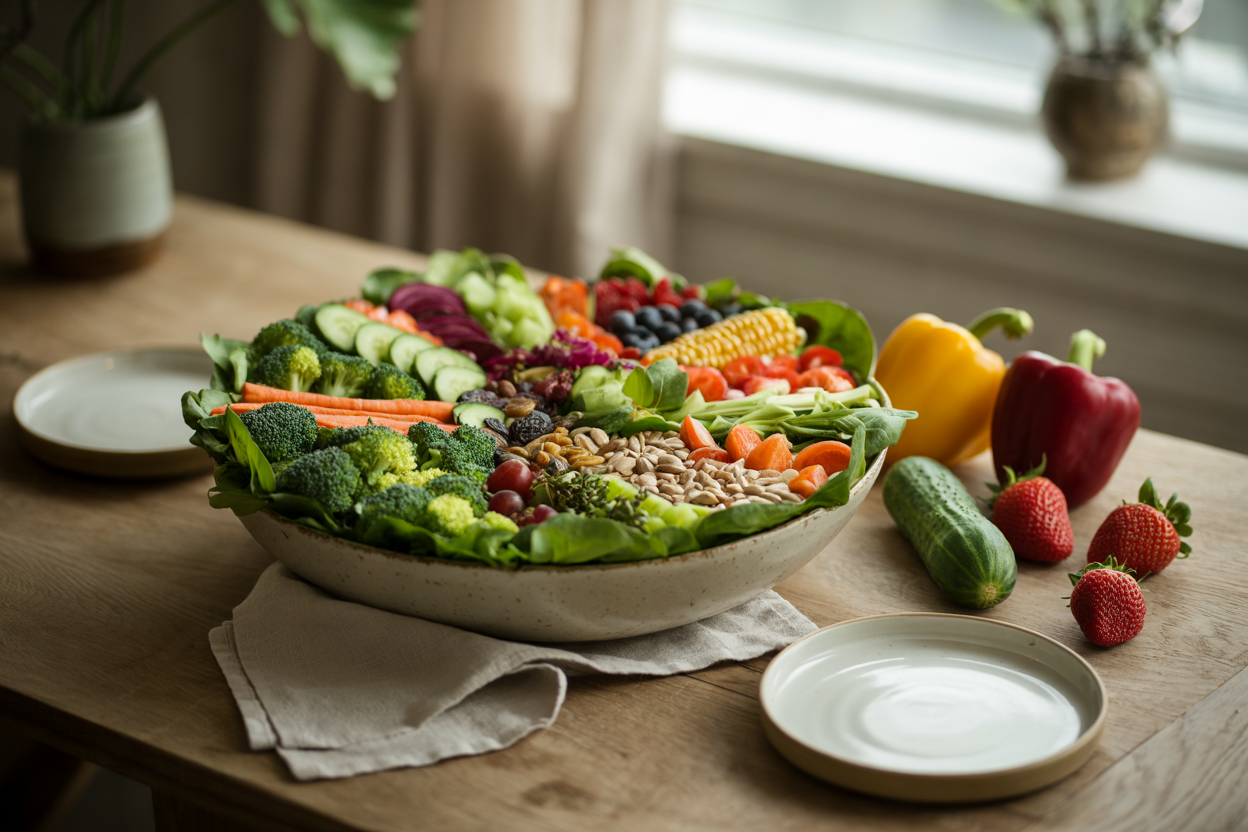 Loaded garden salad with greens, vegetables, berries, raisins and seeds