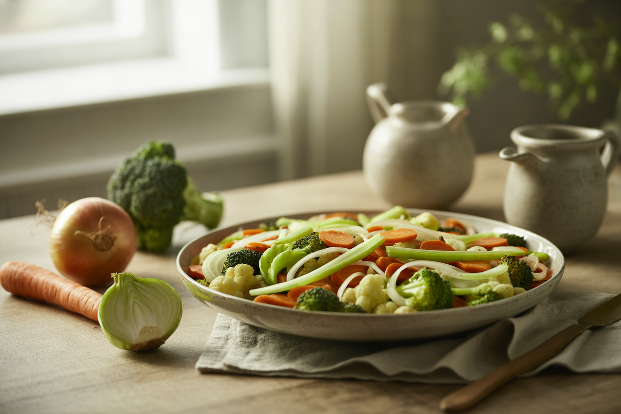 Stir-fry vegetables with carrots, celery, broccoli and cauliflower