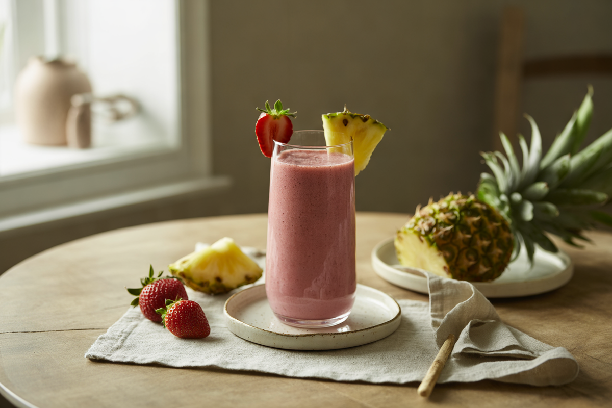 Strawberry pineapple smoothie with almond milk