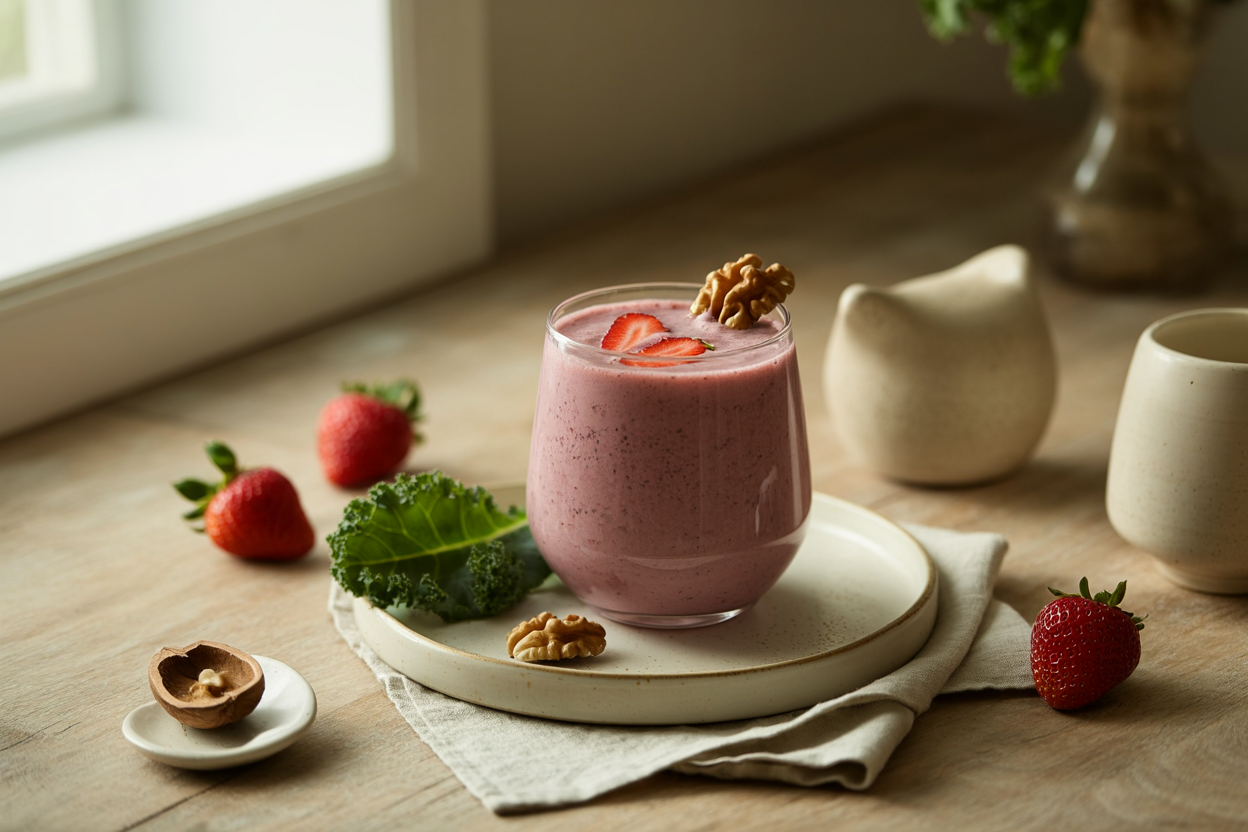 Strawberry green smoothie with kale and walnuts